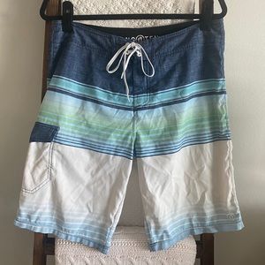 Hang Ten men’s blue, green & white horizontal striped swim trunks